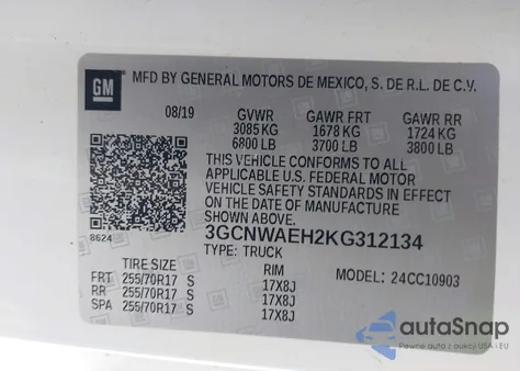 2019 Chevrolet Silverado 1500 Work Truck из США, поврежденный, VIN 3GCNWAEH2KG312134